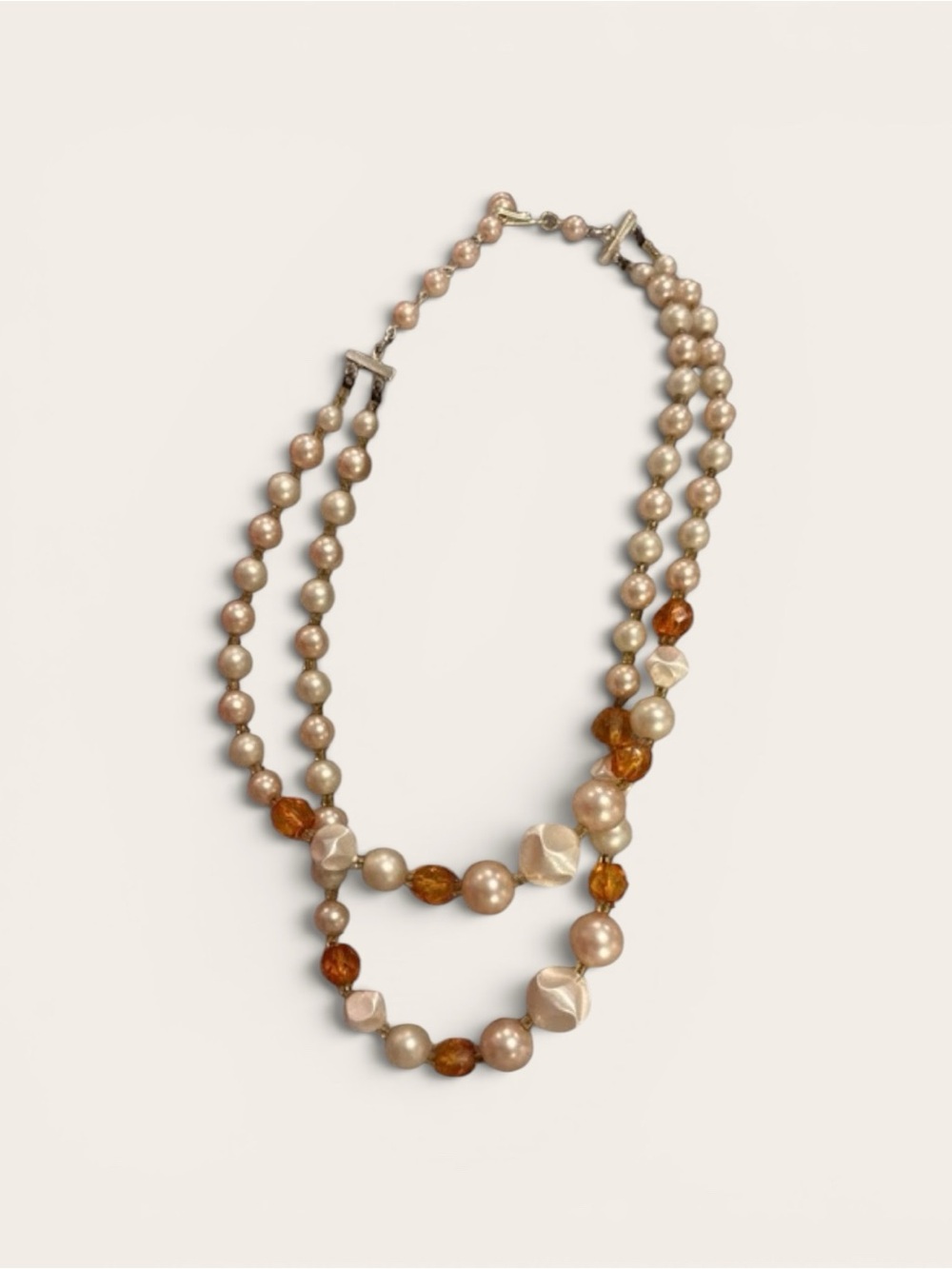 Vintage Japan Artisan Double Strand Pearl and Amber Bead Necklace Champagne 50’s